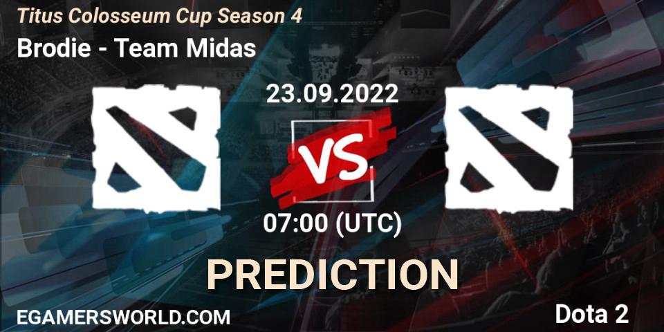 Brodie vs Team Midas: Match Prediction. 23.09.2022 at 07:04, Dota 2, Titus Colosseum Cup Season 4 