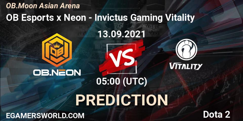 OB Esports x Neon vs Invictus Gaming Vitality: Match Prediction. 13.09.2021 at 05:08, Dota 2, OB.Moon Asian Arena