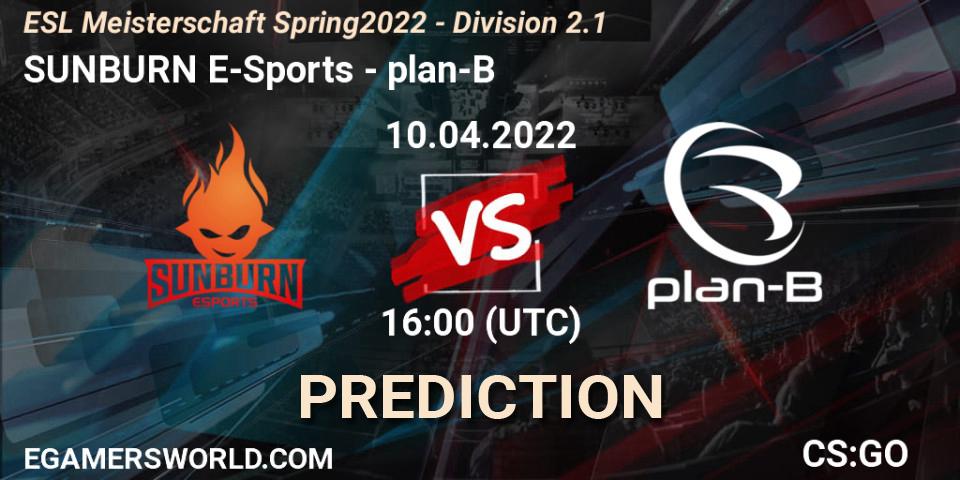 SUNBURN E-Sports vs plan-B: Match Prediction. 10.04.2022 at 16:00, Counter-Strike (CS2), ESL Meisterschaft Spring 2022 - Division 2.1