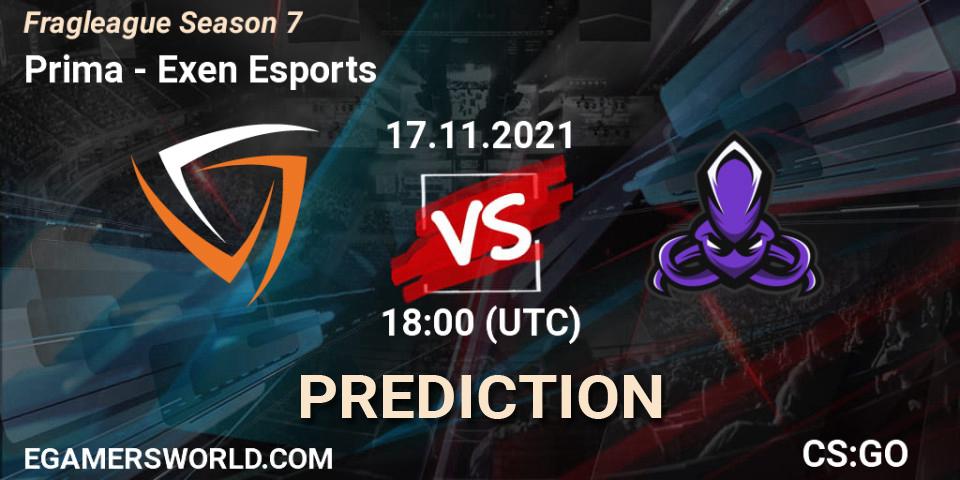 Prima vs Exen Esports: Match Prediction. 17.11.2021 at 18:00, Counter-Strike (CS2), Fragleague Season 7