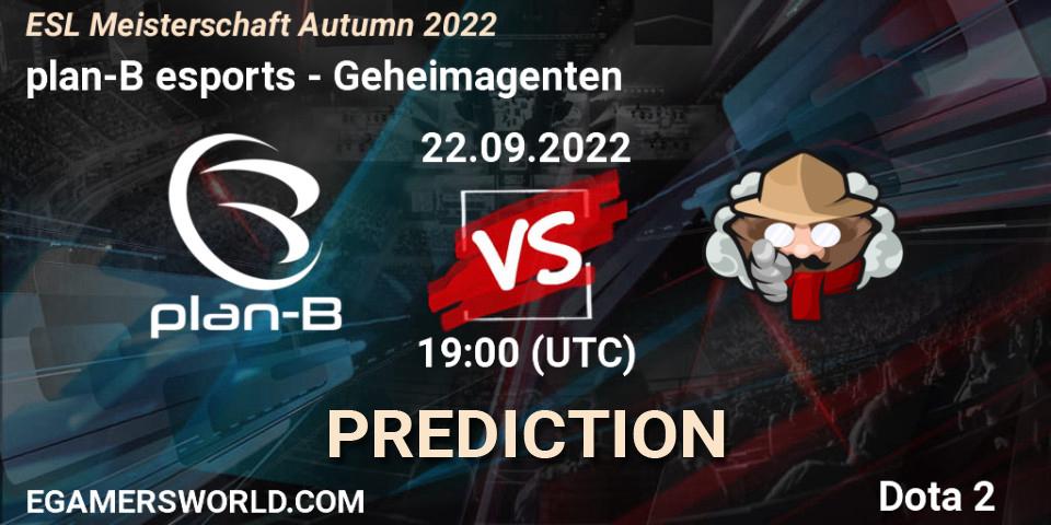 plan-B esports vs Geheimagenten: Match Prediction. 22.09.2022 at 19:03, Dota 2, ESL Meisterschaft Autumn 2022