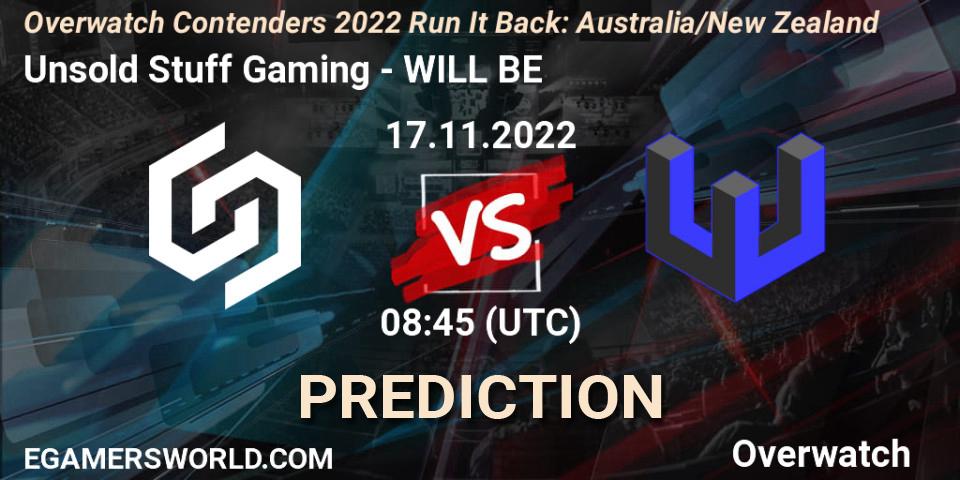Unsold Stuff Gaming vs WILL BE: Match Prediction. 17.11.2022 at 08:35, Overwatch, Overwatch Contenders 2022 - Australia/New Zealand - November