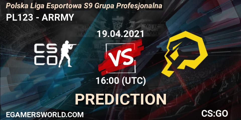 PL123 vs ARRMY: Match Prediction. 19.04.2021 at 16:00, Counter-Strike (CS2), Polska Liga Esportowa S9 Grupa Profesjonalna