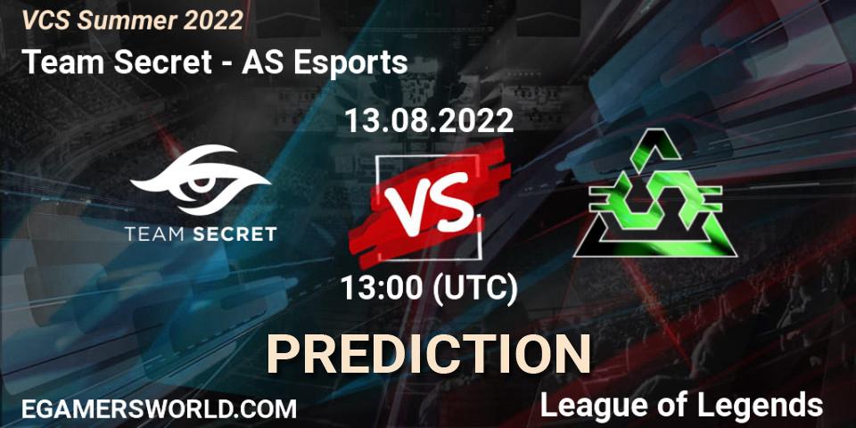 Team Secret vs AS Esports: Match Prediction. 13.08.2022 at 13:00, LoL, VCS Summer 2022