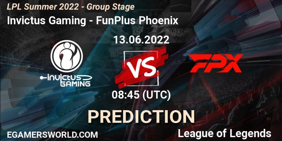 Invictus Gaming vs FunPlus Phoenix: Match Prediction. 13.06.2022 at 09:00, LoL, LPL Summer 2022 - Group Stage