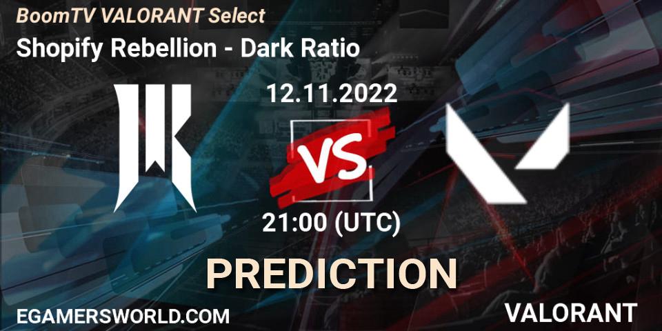 Shopify Rebellion vs Dark Ratio: Match Prediction. 12.11.2022 at 21:00, VALORANT, BoomTV VALORANT Select
