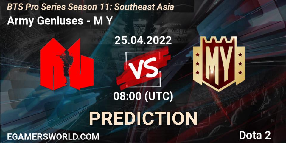 Army Geniuses vs M Y: Match Prediction. 25.04.2022 at 07:23, Dota 2, BTS Pro Series Season 11: Southeast Asia