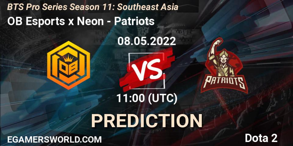 OB Esports x Neon vs Patriots: Match Prediction. 08.05.2022 at 11:18, Dota 2, BTS Pro Series Season 11: Southeast Asia