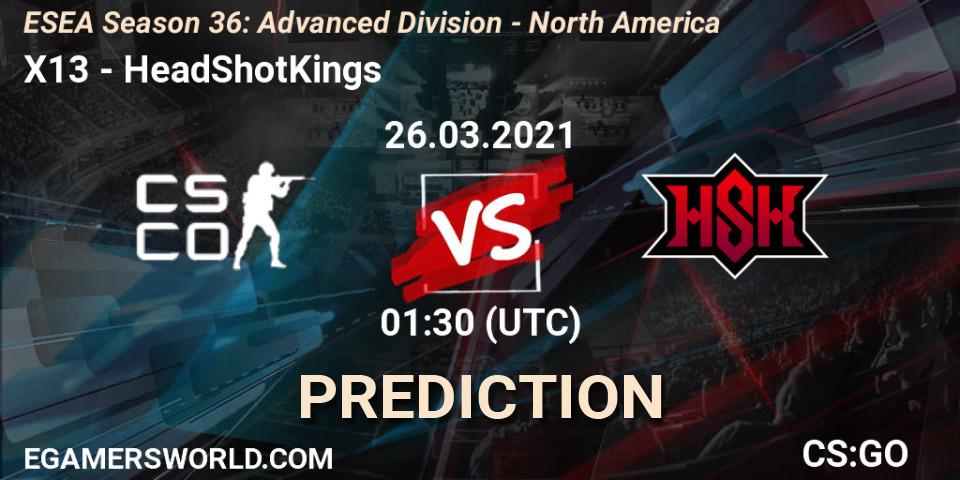 X13 vs HeadShotKings: Match Prediction. 26.03.2021 at 01:30, Counter-Strike (CS2), ESEA Season 36: Advanced Division - North America