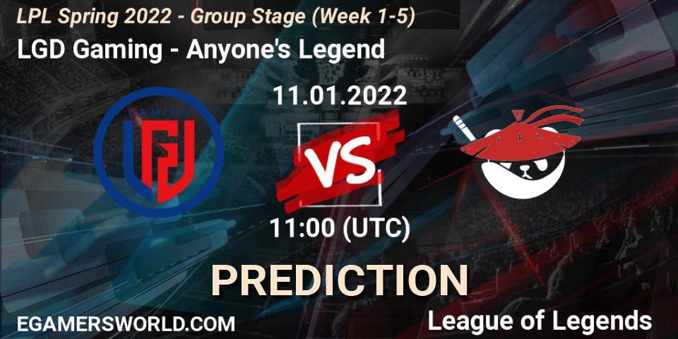 LGD Gaming vs Anyone's Legend: Match Prediction. 11.01.2022 at 11:00, LoL, LPL Spring 2022 - Group Stage (Week 1-5)