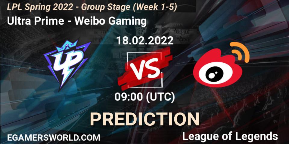 Ultra Prime vs Weibo Gaming: Match Prediction. 18.02.2022 at 10:20, LoL, LPL Spring 2022 - Group Stage (Week 1-5)
