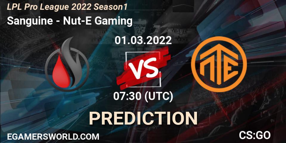 Sanguine vs Nut-E Gaming: Match Prediction. 01.03.2022 at 07:30, Counter-Strike (CS2), LPL Pro League 2022 Season 1