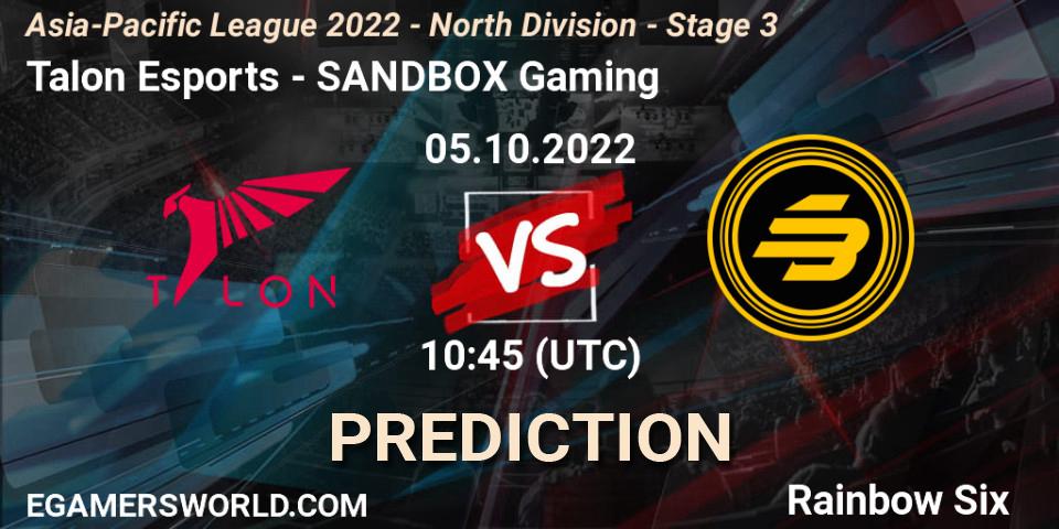 Talon Esports vs SANDBOX Gaming: Match Prediction. 05.10.2022 at 10:45, Rainbow Six, Asia-Pacific League 2022 - North Division - Stage 3