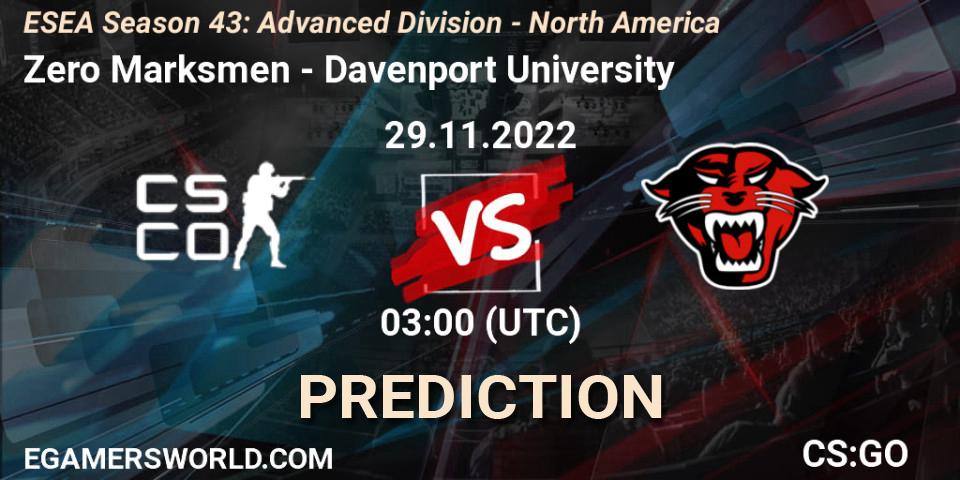 Zero Marksmen vs Davenport University: Match Prediction. 29.11.22, CS2 (CS:GO), ESEA Season 43: Advanced Division - North America