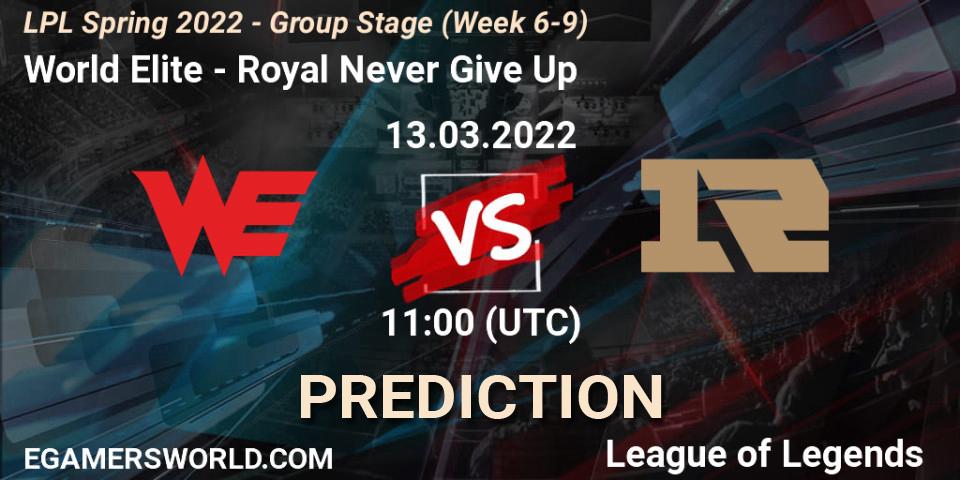 World Elite vs Royal Never Give Up: Match Prediction. 13.03.2022 at 12:00, LoL, LPL Spring 2022 - Group Stage (Week 6-9)