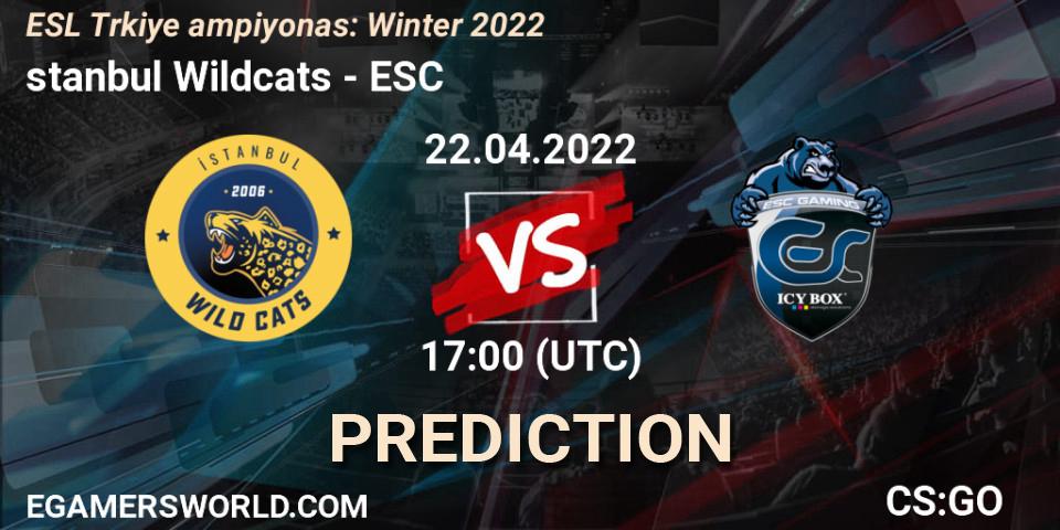 İstanbul Wildcats vs ESC: Match Prediction. 22.04.2022 at 17:00, Counter-Strike (CS2), ESL Türkiye Şampiyonası: Winter 2022