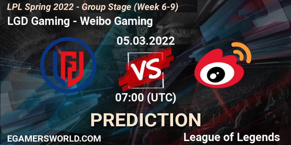 LGD Gaming vs Weibo Gaming: Match Prediction. 05.03.2022 at 07:00, LoL, LPL Spring 2022 - Group Stage (Week 6-9)