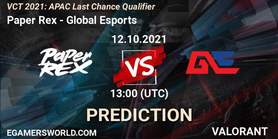 Paper Rex vs Global Esports: Match Prediction. 12.10.2021 at 14:00, VALORANT, VCT 2021: APAC Last Chance Qualifier
