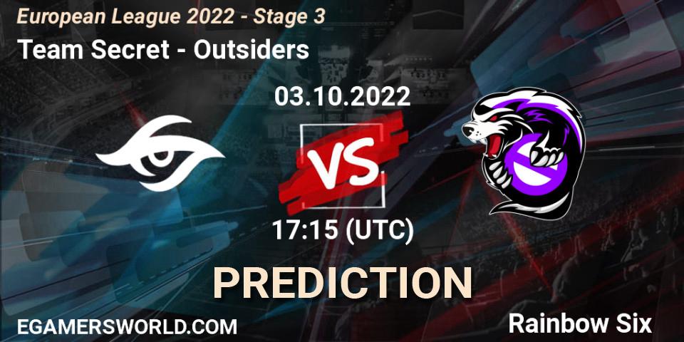 Team Secret vs Outsiders: Match Prediction. 03.10.2022 at 17:15, Rainbow Six, European League 2022 - Stage 3