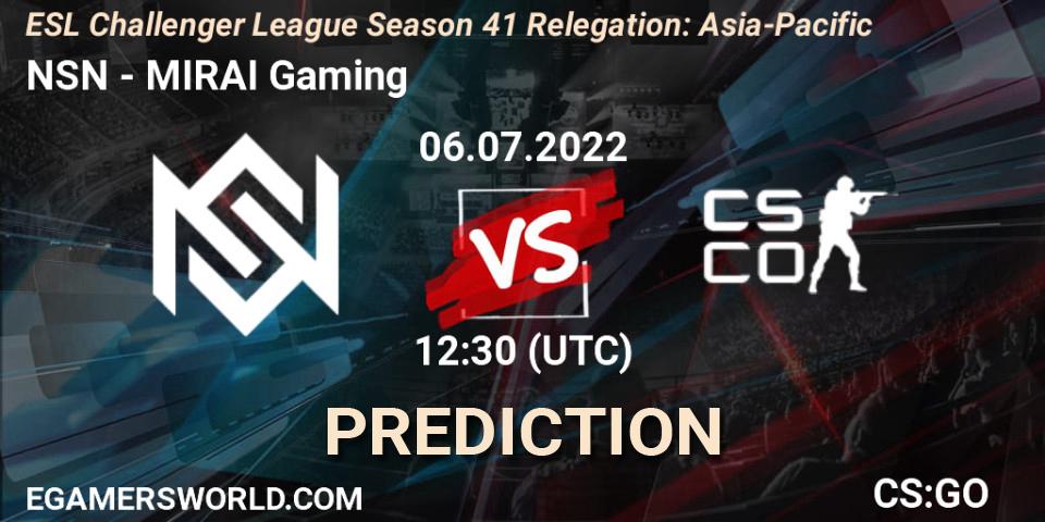 NSN vs MIRAI Gaming: Match Prediction. 06.07.2022 at 12:30, Counter-Strike (CS2), ESL Challenger League Season 41 Relegation: Asia-Pacific