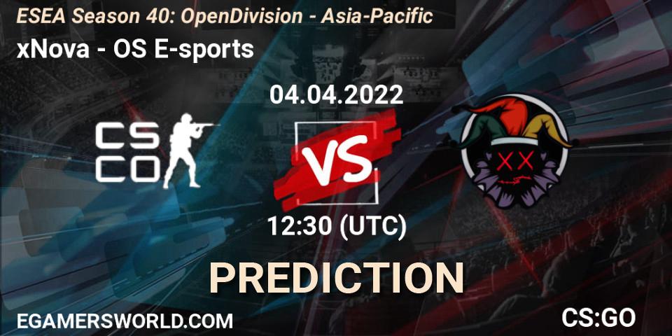 xNova vs OS E-sports: Match Prediction. 04.04.2022 at 12:30, Counter-Strike (CS2), ESEA Season 40: Open Division - Asia-Pacific