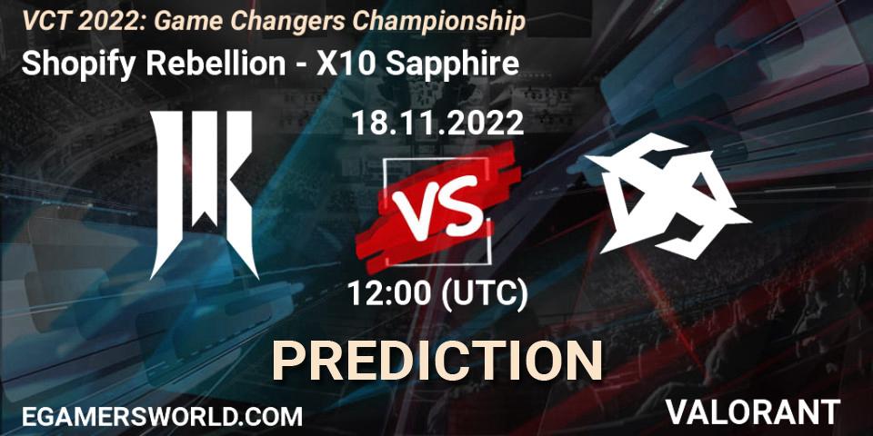 Shopify Rebellion vs X10 Sapphire: Match Prediction. 18.11.2022 at 12:15, VALORANT, VCT 2022: Game Changers Championship