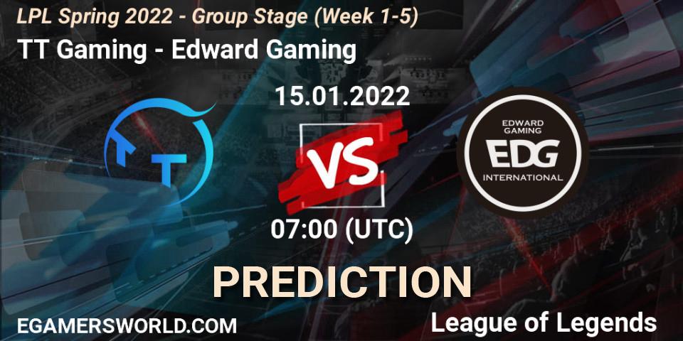 TT Gaming vs Edward Gaming: Match Prediction. 15.01.2022 at 07:00, LoL, LPL Spring 2022 - Group Stage (Week 1-5)