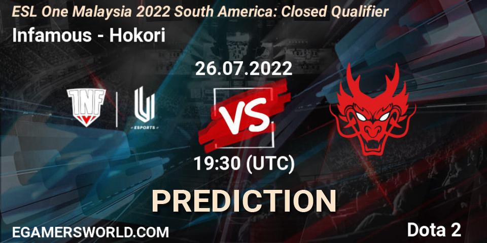 Infamous vs Hokori: Match Prediction. 26.07.2022 at 19:35, Dota 2, ESL One Malaysia 2022 South America: Closed Qualifier