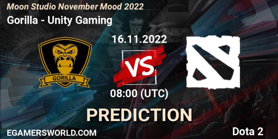 Gorilla vs Unity Gaming: Match Prediction. 16.11.2022 at 08:15, Dota 2, Moon Studio November Mood 2022
