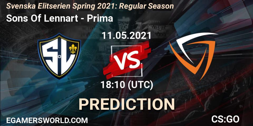 Sons Of Lennart vs Prima: Match Prediction. 11.05.2021 at 18:10, Counter-Strike (CS2), Svenska Elitserien Spring 2021: Regular Season