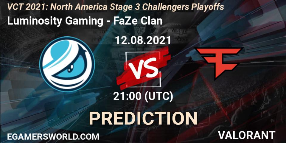 Luminosity Gaming vs FaZe Clan: Match Prediction. 12.08.2021 at 21:00, VALORANT, VCT 2021: North America Stage 3 Challengers Playoffs
