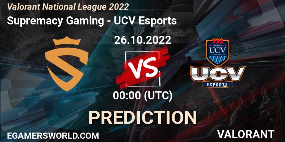 Supremacy Gaming vs UCV Esports: Match Prediction. 26.10.2022 at 00:00, VALORANT, Valorant National League 2022