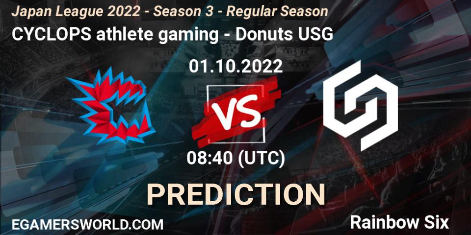 CYCLOPS athlete gaming vs Donuts USG: Match Prediction. 01.10.2022 at 08:40, Rainbow Six, Japan League 2022 - Season 3 - Regular Season