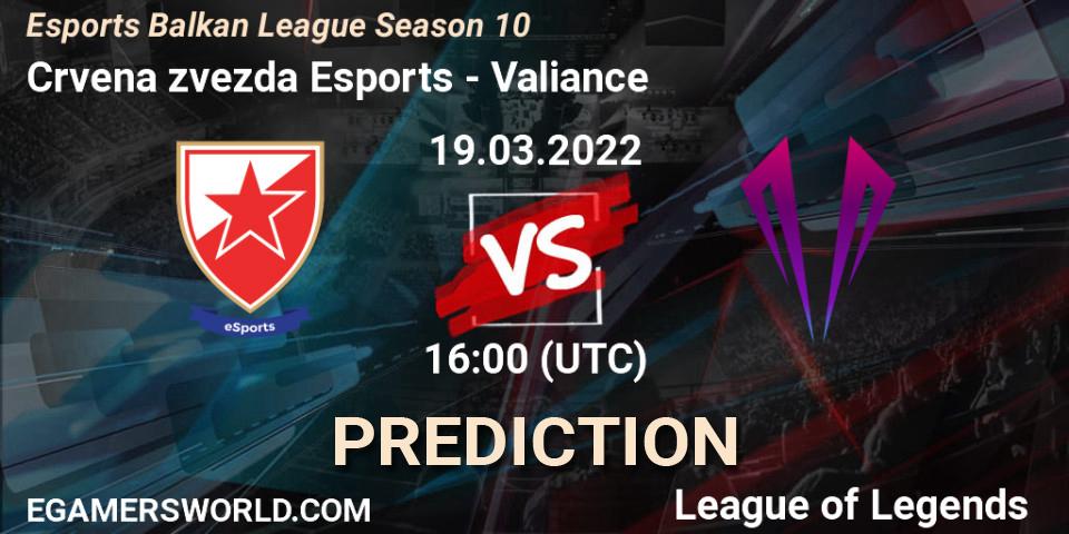 Crvena zvezda Esports vs Valiance: Match Prediction. 19.03.2022 at 15:45, LoL, Esports Balkan League Season 10