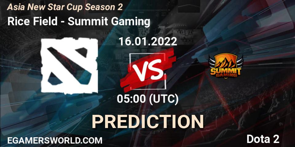 Rice Field vs Summit Gaming: Match Prediction. 16.01.2022 at 11:05, Dota 2, Asia New Star Cup Season 2