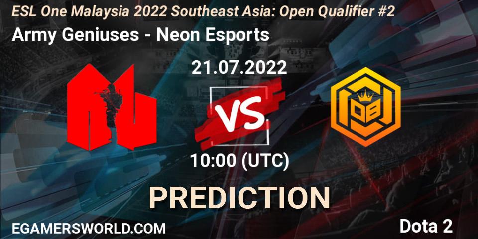 Army Geniuses vs Neon Esports: Match Prediction. 21.07.2022 at 10:00, Dota 2, ESL One Malaysia 2022 Southeast Asia: Open Qualifier #2