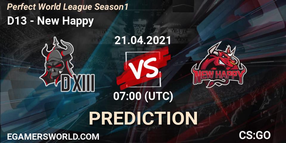 D13 vs New Happy: Match Prediction. 21.04.2021 at 07:00, Counter-Strike (CS2), Perfect World League Season 1