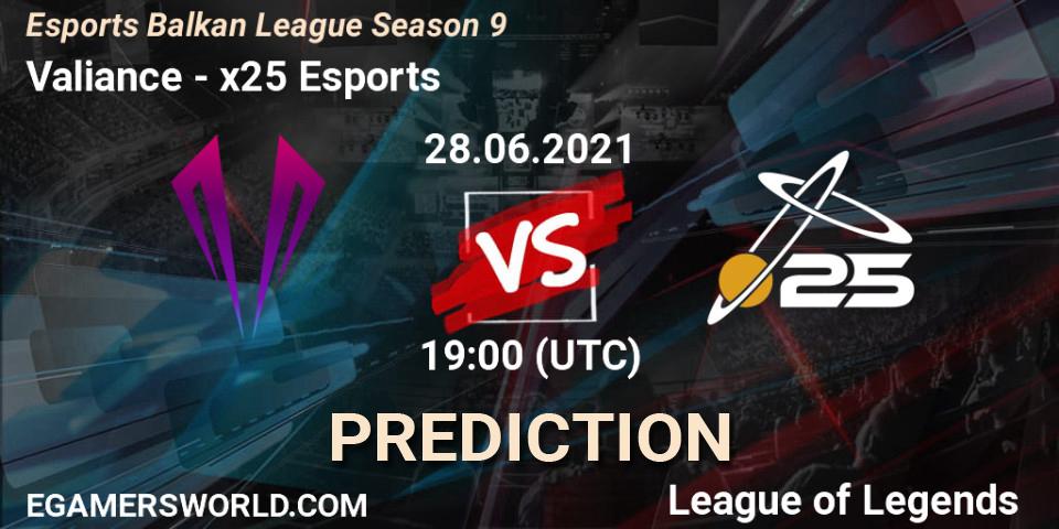 Valiance vs x25 Esports: Match Prediction. 28.06.2021 at 19:00, LoL, Esports Balkan League Season 9
