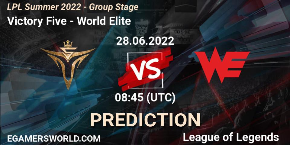 Victory Five vs World Elite: Match Prediction. 28.06.2022 at 09:00, LoL, LPL Summer 2022 - Group Stage
