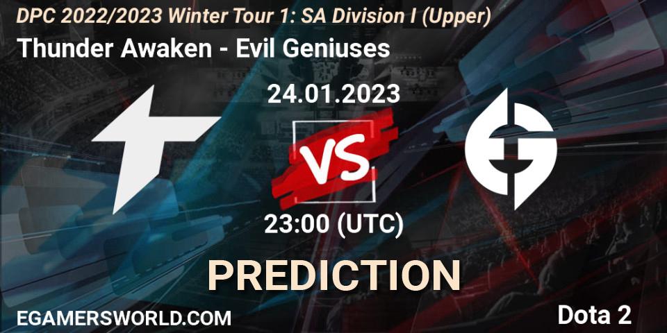 Thunder Awaken vs Evil Geniuses: Match Prediction. 24.01.2023 at 20:30, Dota 2, DPC 2022/2023 Winter Tour 1: SA Division I (Upper) 