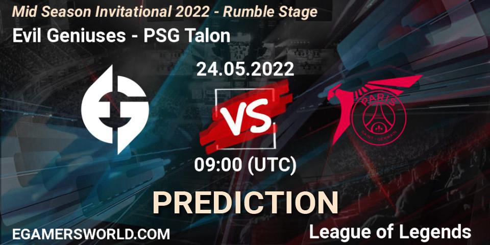 Evil Geniuses vs PSG Talon: Match Prediction. 24.05.2022 at 06:55, LoL, Mid Season Invitational 2022 - Rumble Stage