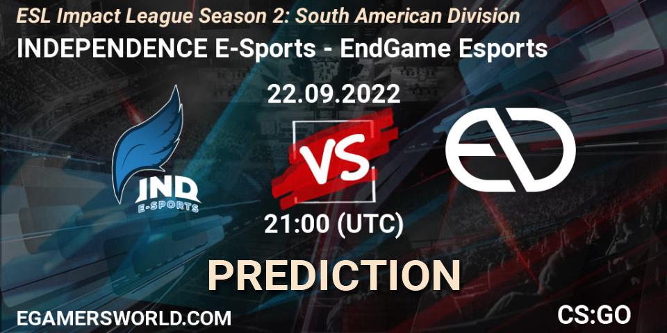 INDEPENDENCE E-Sports vs EndGame Esports: Match Prediction. 22.09.2022 at 21:00, Counter-Strike (CS2), ESL Impact League Season 2: South American Division