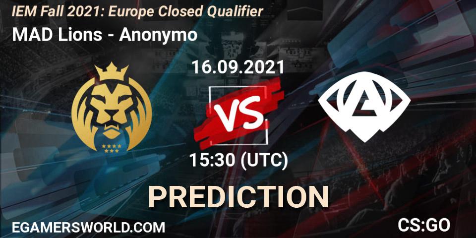 MAD Lions vs Anonymo: Match Prediction. 16.09.2021 at 15:30, Counter-Strike (CS2), IEM Fall 2021: Europe Closed Qualifier