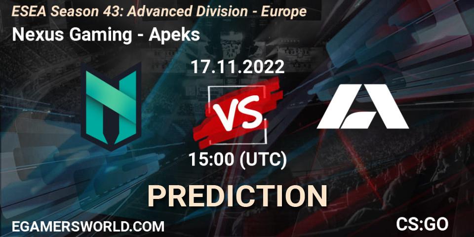 Nexus Gaming vs Apeks: Match Prediction. 17.11.2022 at 15:00, Counter-Strike (CS2), ESEA Season 43: Advanced Division - Europe