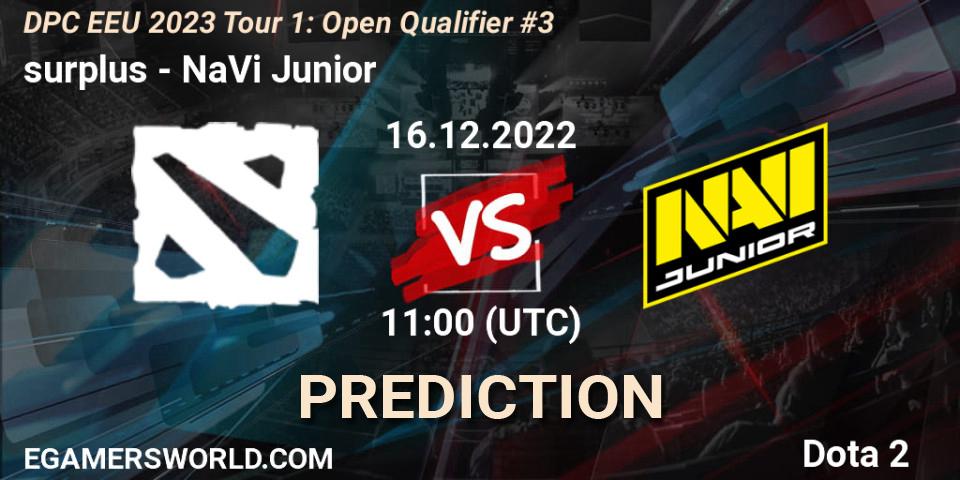 surplus vs NaVi Junior: Match Prediction. 16.12.2022 at 11:00, Dota 2, DPC EEU 2023 Tour 1: Open Qualifier #3