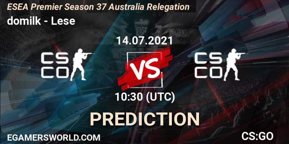 domilk vs Lese: Match Prediction. 14.07.2021 at 10:30, Counter-Strike (CS2), ESEA Premier Season 37 Australia Relegation