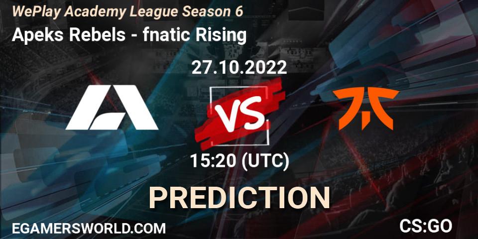 Apeks Rebels vs fnatic Rising: Match Prediction. 27.10.2022 at 15:20, Counter-Strike (CS2), WePlay Academy League Season 6