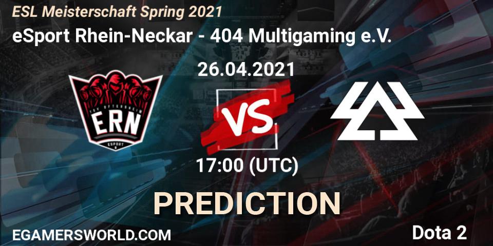 eSport Rhein-Neckar vs 404 Multigaming e.V.: Match Prediction. 26.04.2021 at 17:05, Dota 2, ESL Meisterschaft Spring 2021
