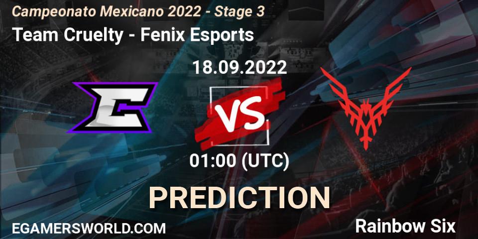Team Cruelty vs Fenix Esports: Match Prediction. 18.09.2022 at 01:00, Rainbow Six, Campeonato Mexicano 2022 - Stage 3