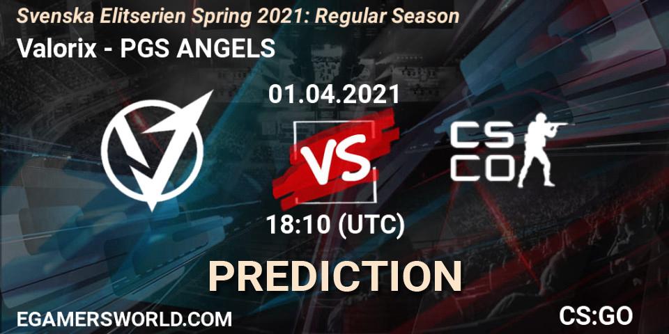 Valorix vs PGS ANGELS: Match Prediction. 01.04.2021 at 18:10, Counter-Strike (CS2), Svenska Elitserien Spring 2021: Regular Season